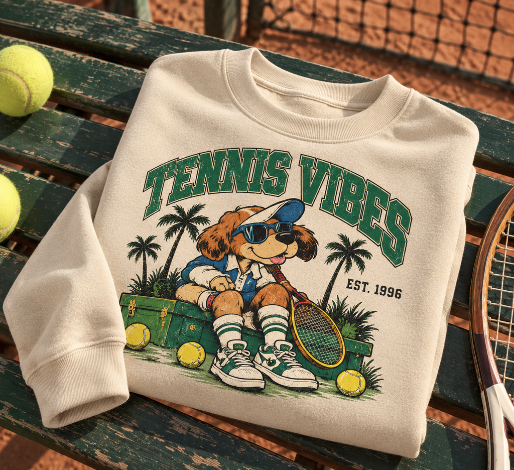 Sweatshirt Tennis Vibes | Chien joueur et raquette vintage | Coupe unisexe