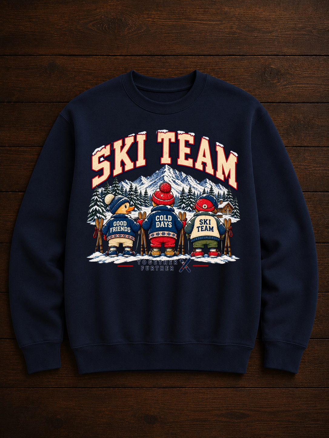 Sweatshirt Ski Team Vintage | Montagnes enneigées et amis skieurs | Unisexe